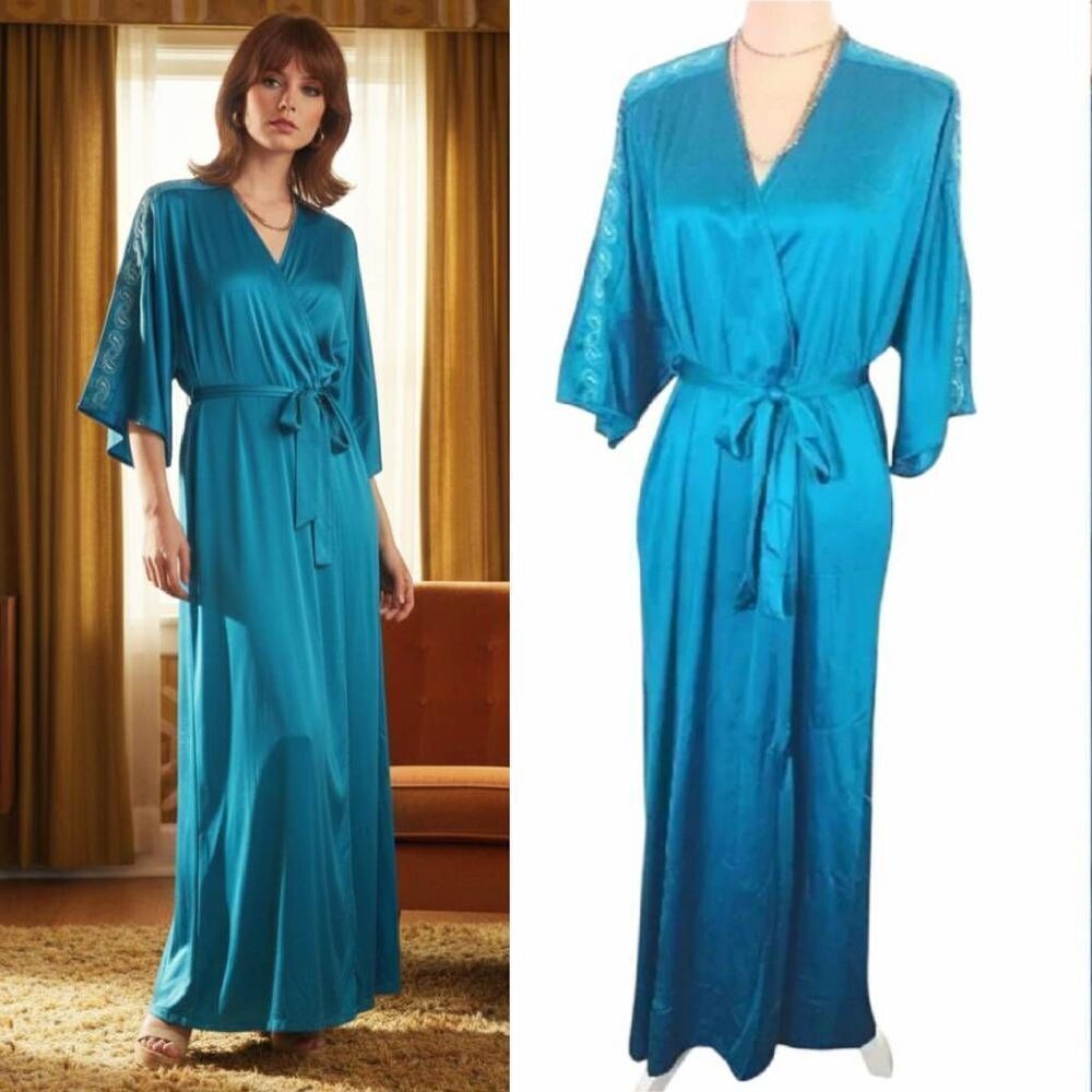 VTG 70s Vanity Fair Teal Nylon Embroidered Maxi Robe S RARE